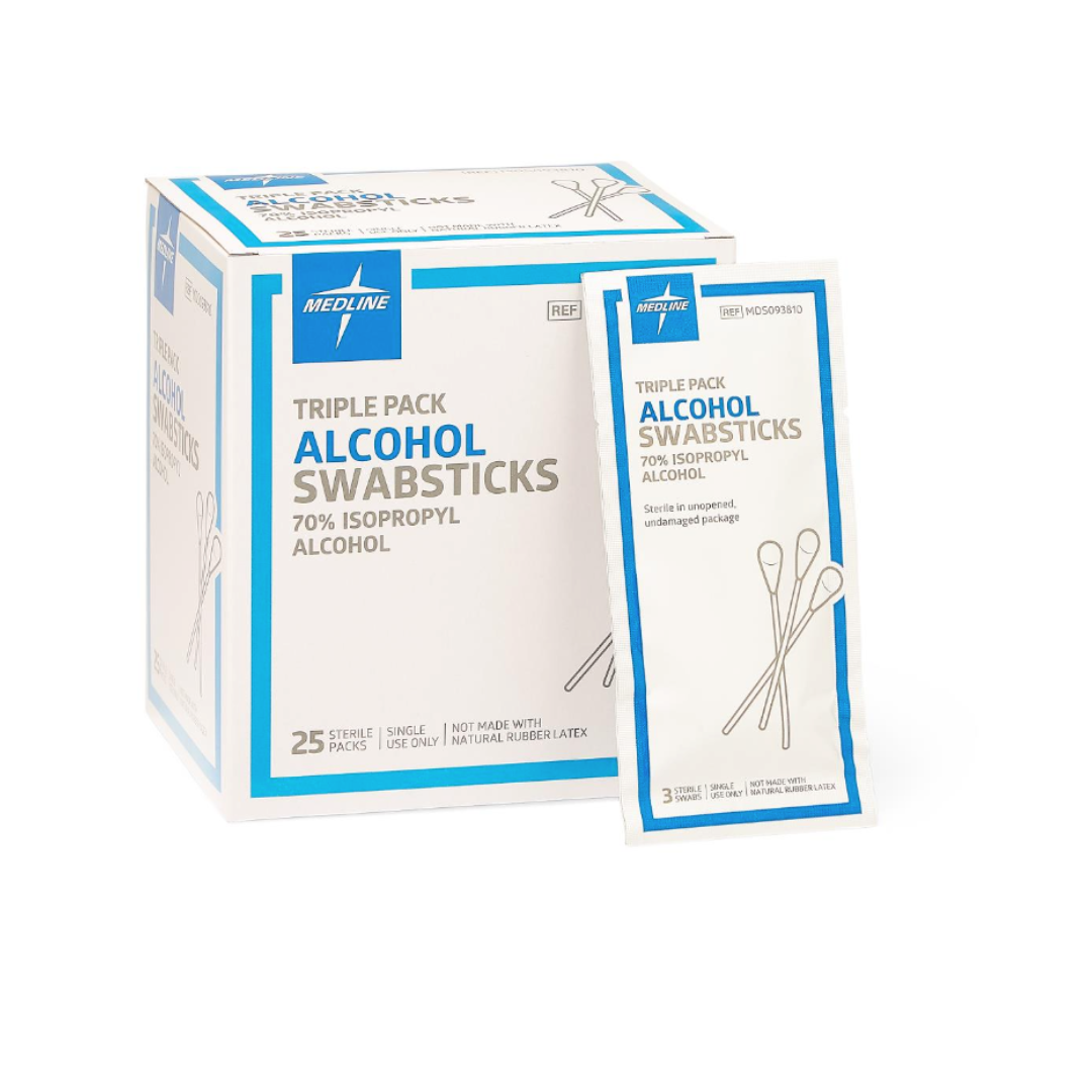 A box of Medline Sterile Triple-Pack Alcohol Swabsticks, labeled 70% Isopropyl Alcohol, with a graphic of three swabsticks on each packet. The box contains 25 sterile packs.